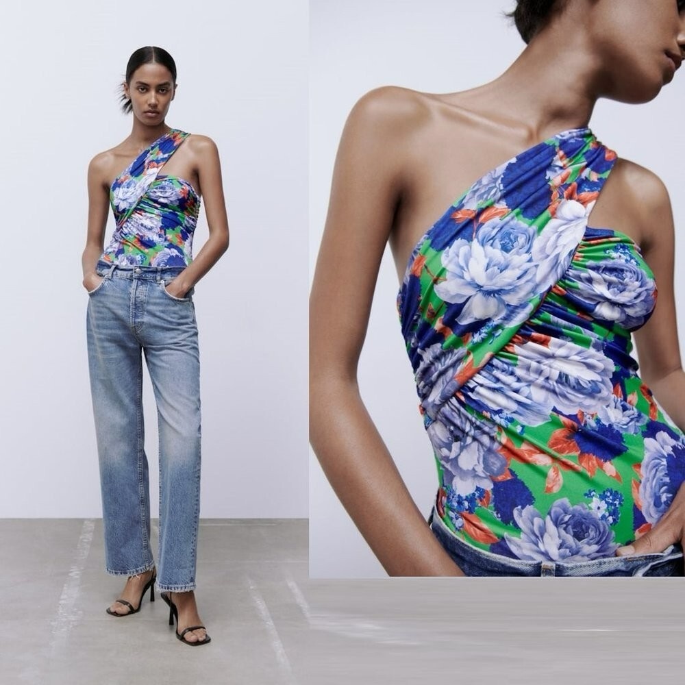 Zara Blue and Green Floral One-Shoulder Swimsuit J13